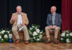 Regents’ Professors Andrew Herod (left) and Stephen Trent answer questions from the audience in the Chapel following their talks at the 2025 Charter Lecture on March 26. (Photo by Wingate Downs)